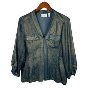 Chicos Teal Gold Shirt Blouse Top Shimmery Pockets 3/4 Sleeves Women's 1 M 8